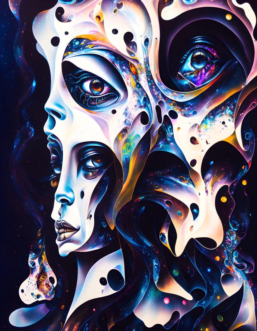 Abstract cosmic-inspired female faces in vibrant digital artwork