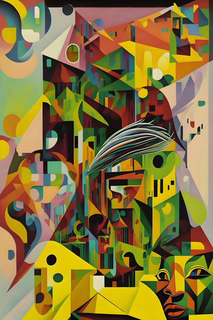 Abstract Cubist Painting with Colorful Geometric Shapes and Fragmented Face