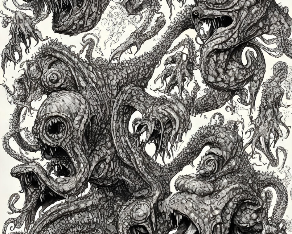 Detailed Black and White Illustration of Intertwined Ferocious Tentacled Creatures