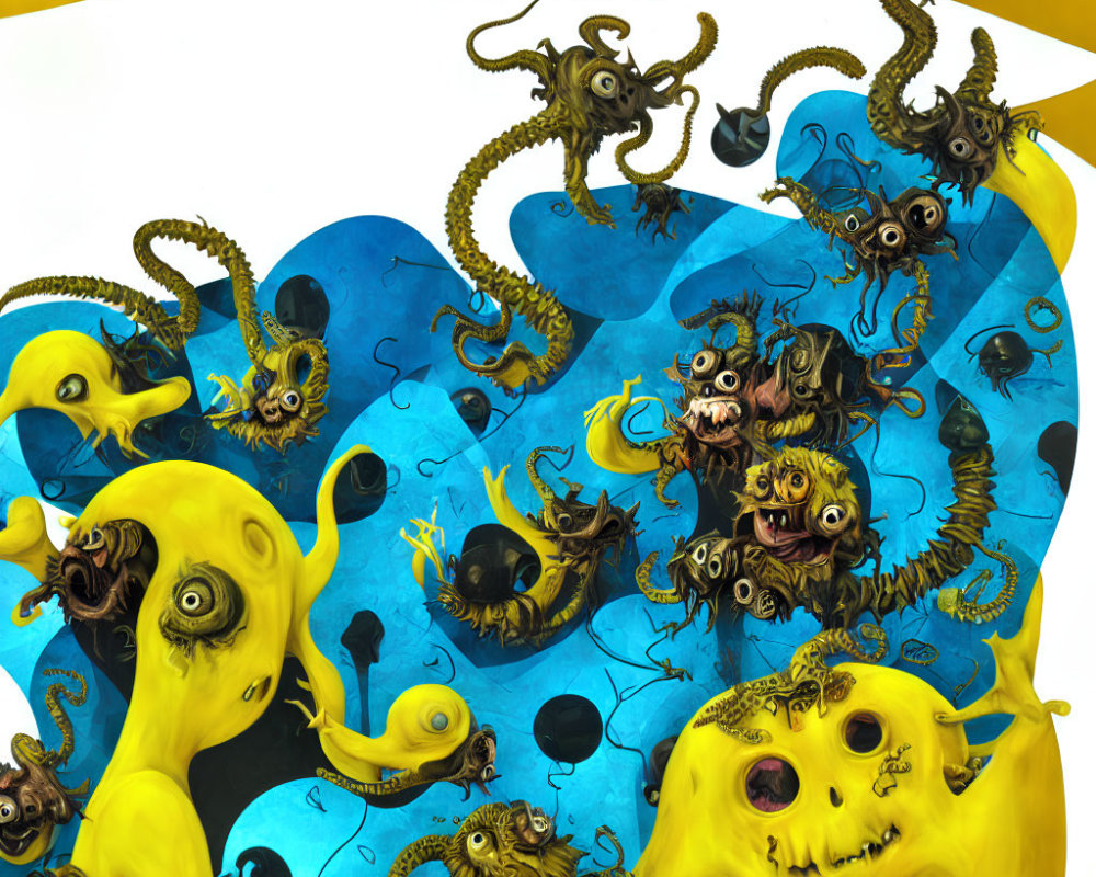 Abstract yellow and blue creatures with multiple eyes and tentacles in dynamic artwork