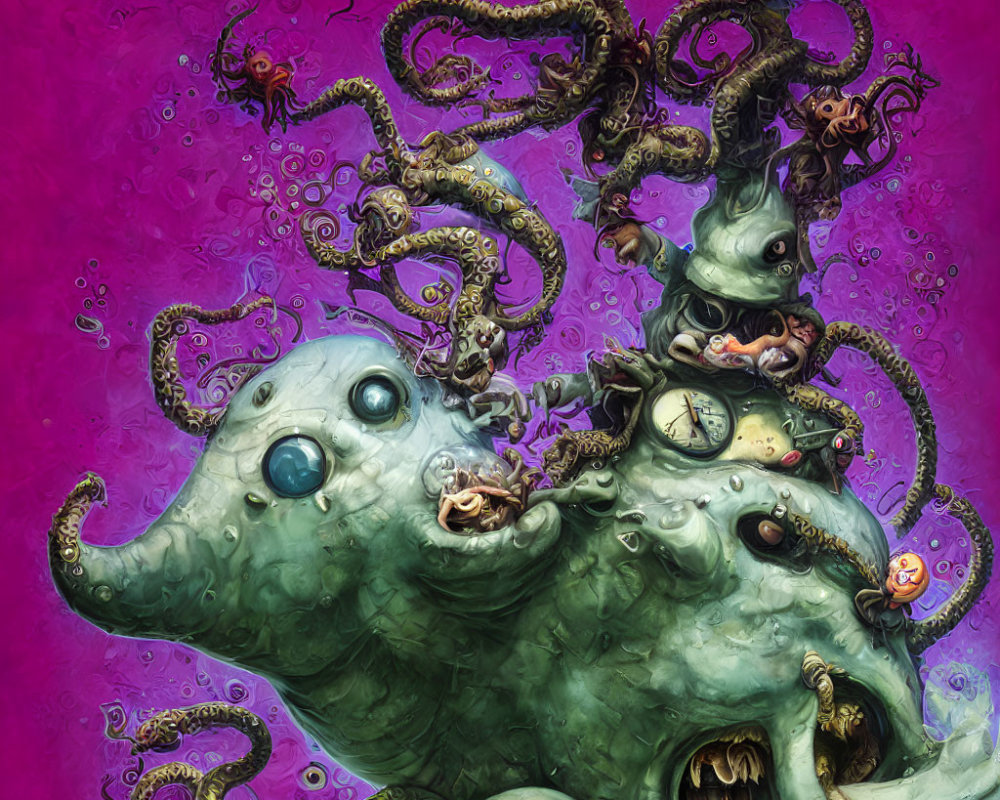 Surreal green creature with octopus-like tentacles and faces on purple background