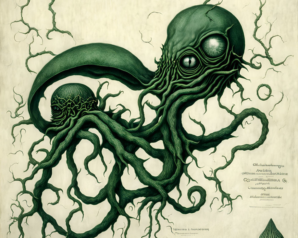 Detailed green-toned Cthulhu-like creature illustration with tendrils and symbols