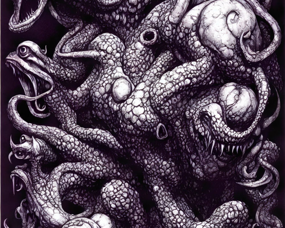 Monochrome illustration of tentacles, eyes, and serpent-like creatures