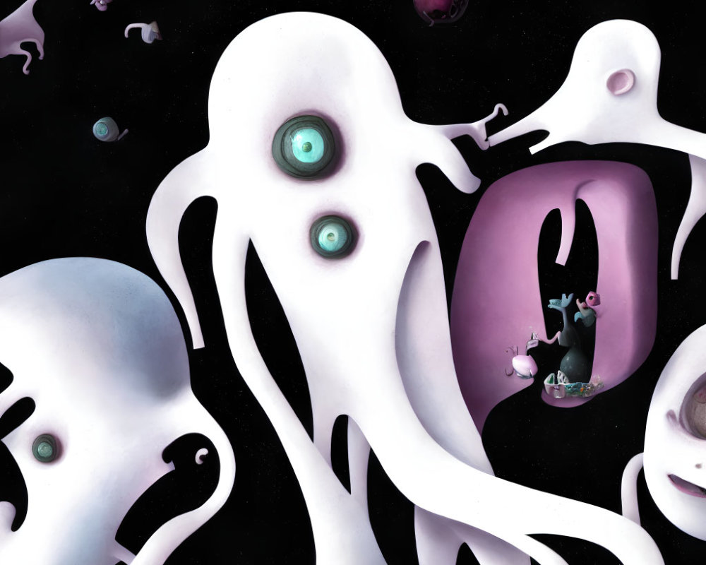 Surreal artwork: Ghostly creatures, tentacles, multiple eyes, cosmic backdrop, floating orbs