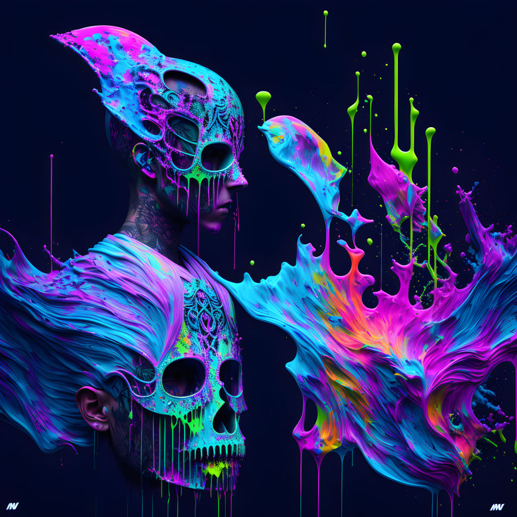 Colorful digital artwork: Two skulls with neon paint splash