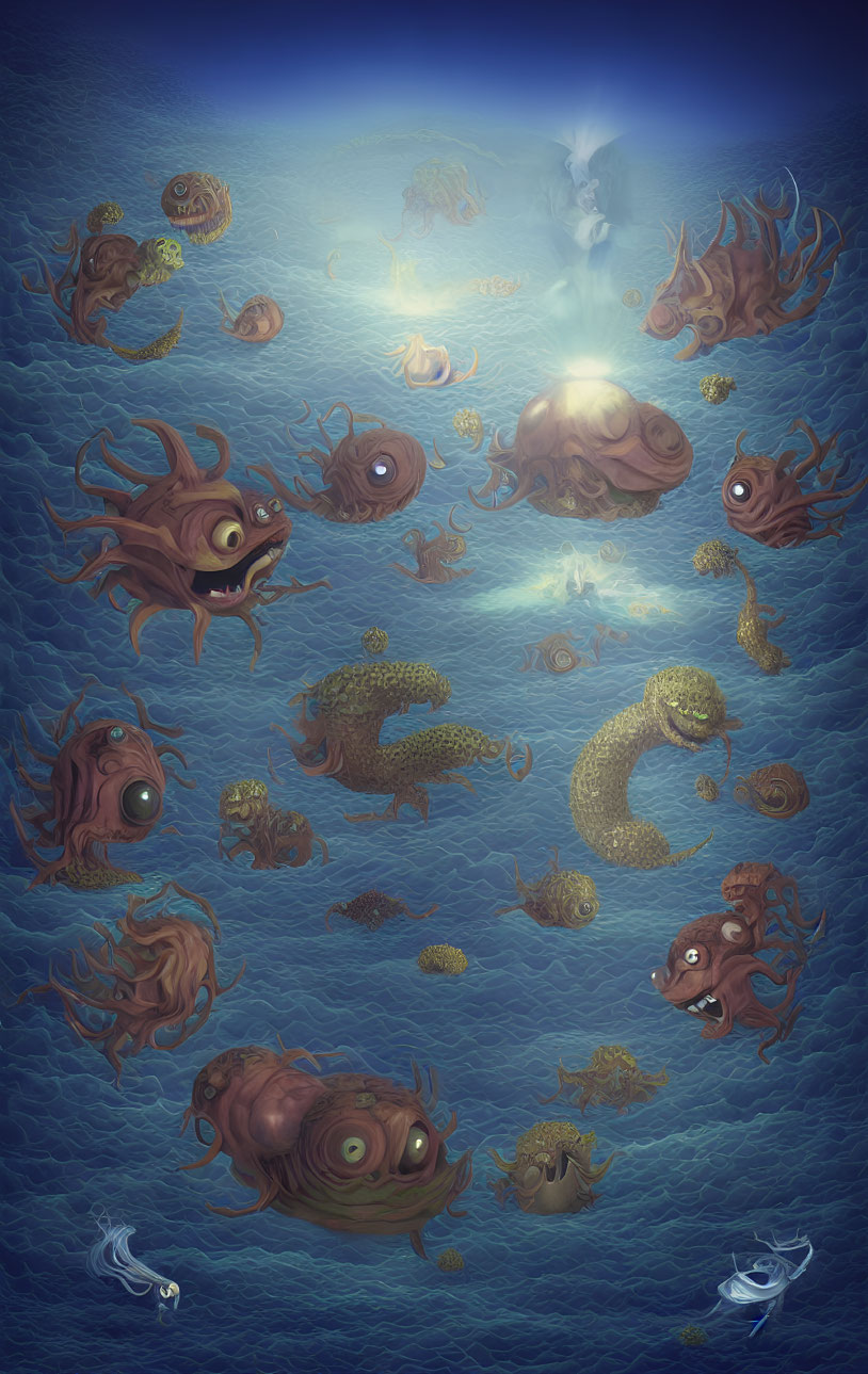 Colorful Cartoon Underwater Scene with Octopuses, Fish, and Sun Rays