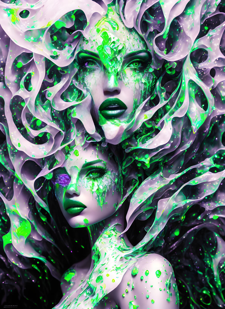 Colorful digital artwork: Two merging women's faces with swirling green and white patterns.