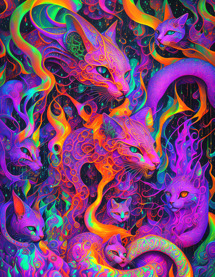 Colorful Psychedelic Cat Illustration with Abstract Shapes