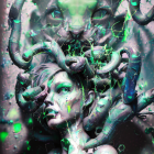 Colorful digital artwork: Two merging women's faces with swirling green and white patterns.