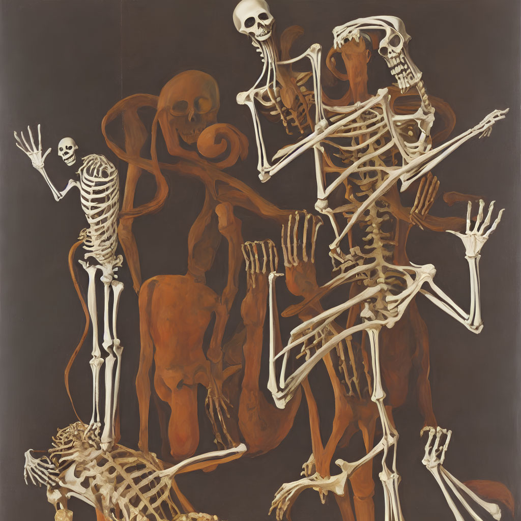 Multiple skeletons in various poses with large skull on dark brown backdrop