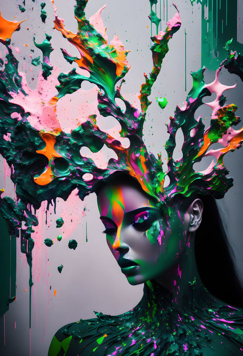 Colorful digital artwork: Woman with neon headdress blending nature and psychedelic themes