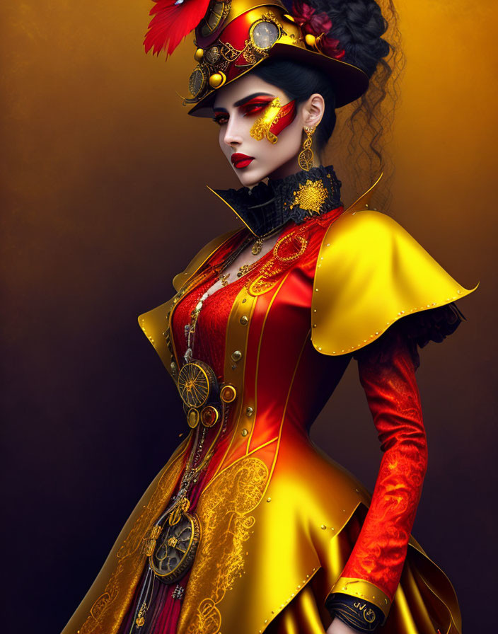 Elaborate Red and Yellow Military-Inspired Costume on Woman