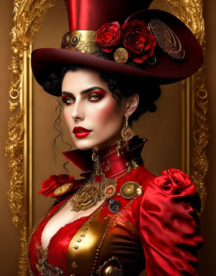 Woman in dramatic makeup and Victorian red-gold outfit with elaborate flower hat