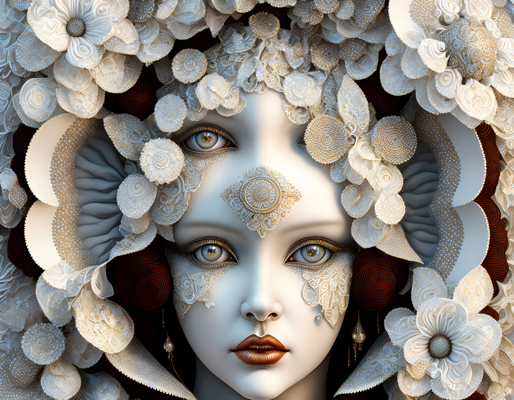 Detailed digital artwork: Woman with pale skin, red hair, blue eyes, surrounded by white flowers and