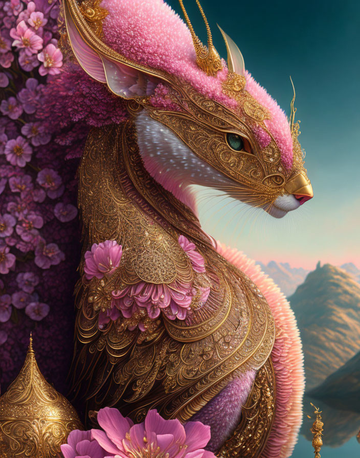 Fantasy creature with golden armor and pink fur among cherry blossoms