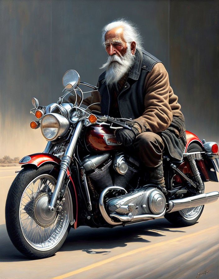 Elderly man with white beard on classic motorcycle in brown jacket