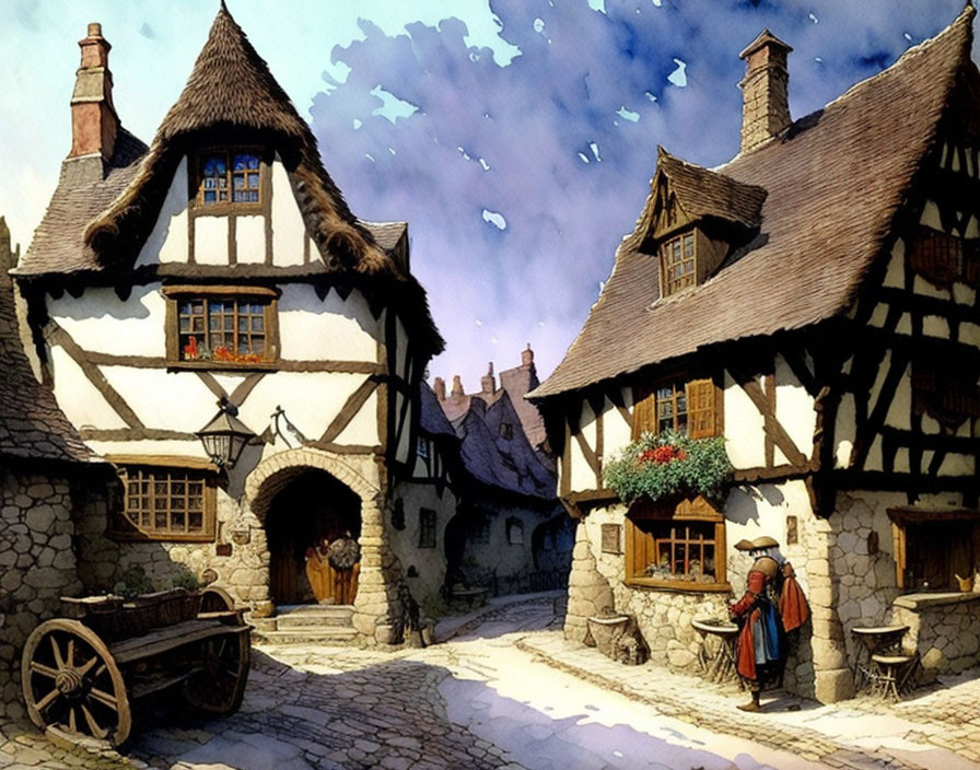 Medieval village street scene with half-timbered houses, cobblestone pathway, and traditional