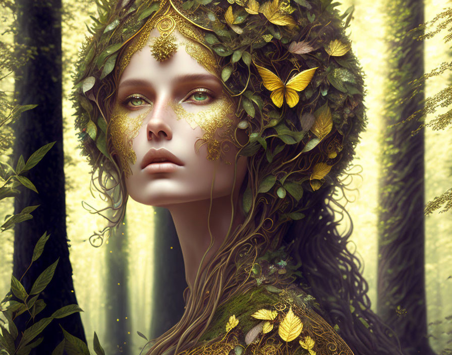 Person in Leaf Headdress Surrounded by Butterflies in Enchanted Forest