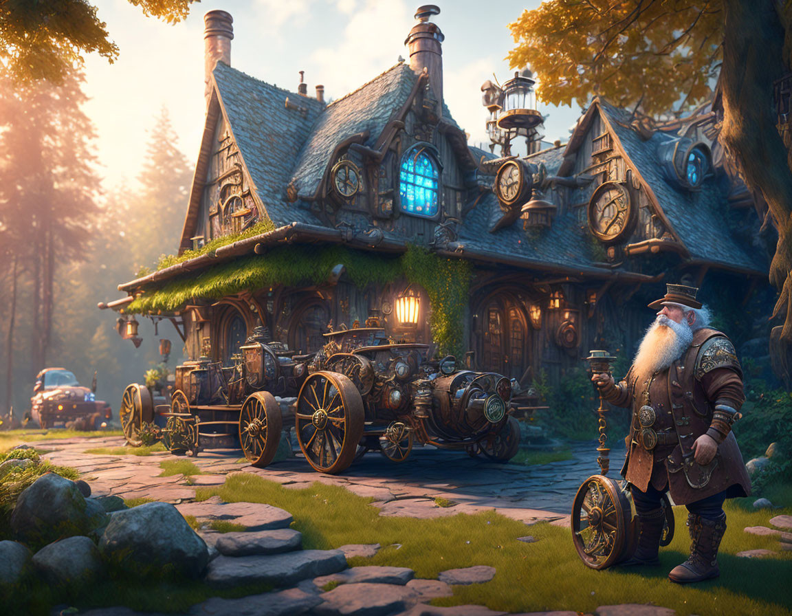 Elderly Bearded Fantasy Character with Steam-Powered Wagon in Enchanting Forest