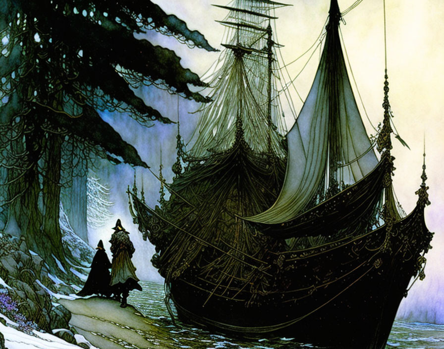 Stylized illustration of large ship in misty forest landscape