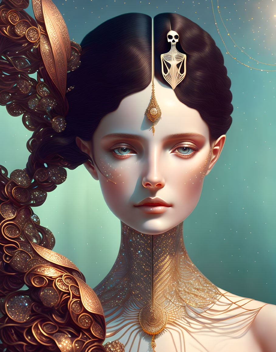 Intricate portrait of woman with gold jewelry and skull tiara on teal background