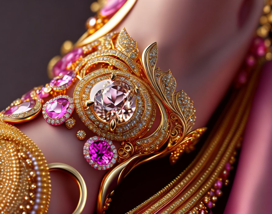 Gold Jewelry with Pink Gemstones on Soft Background