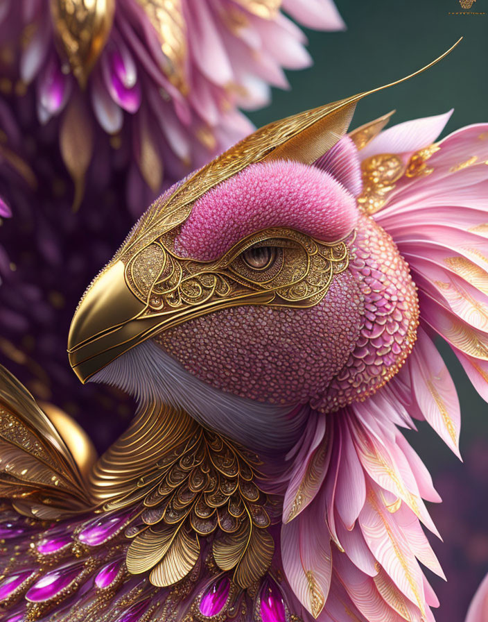 Fantastical bird digital artwork with golden beak armor and pink & gold plumage