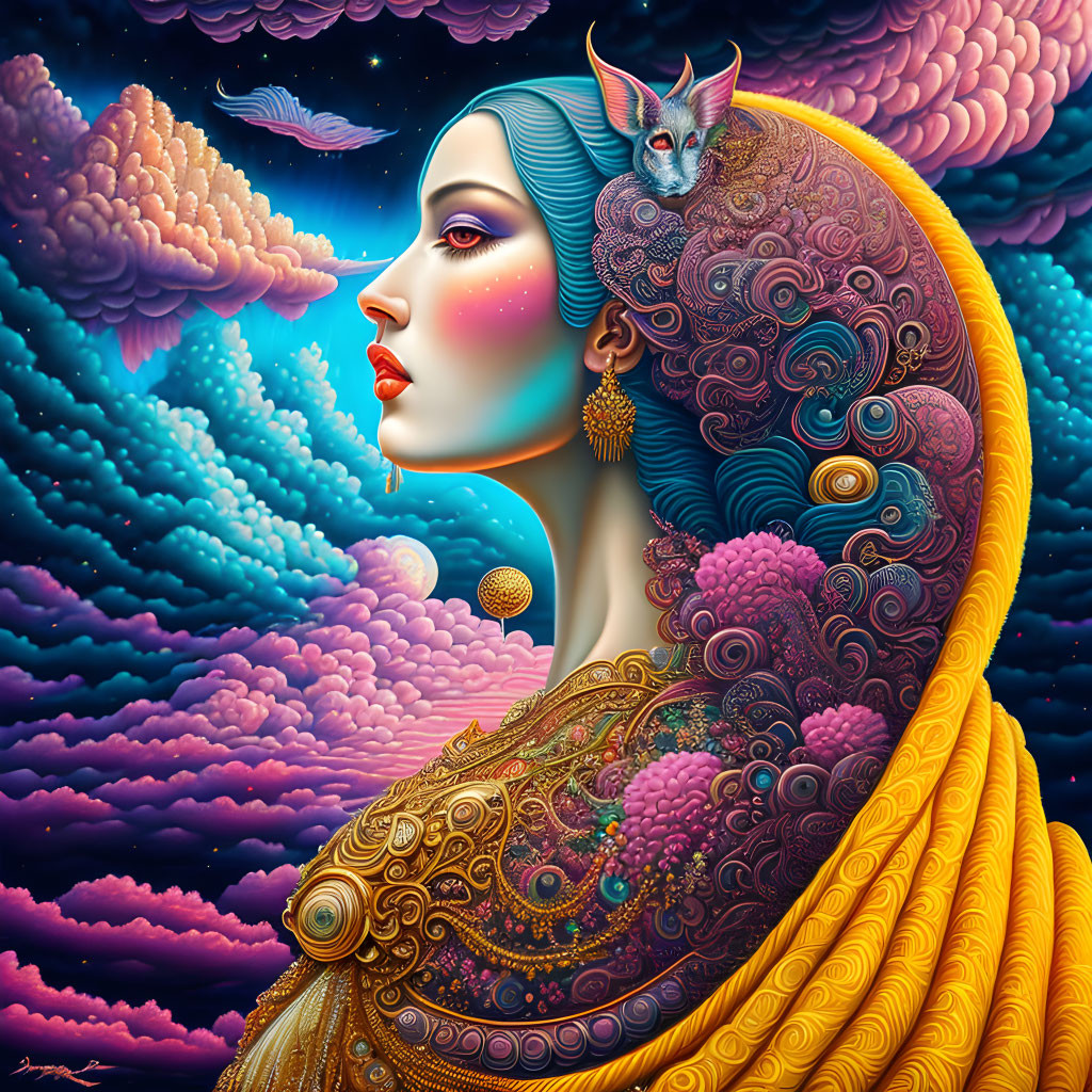 Surreal portrait of a woman with ornate hair and yellow shawl under fantasy sky