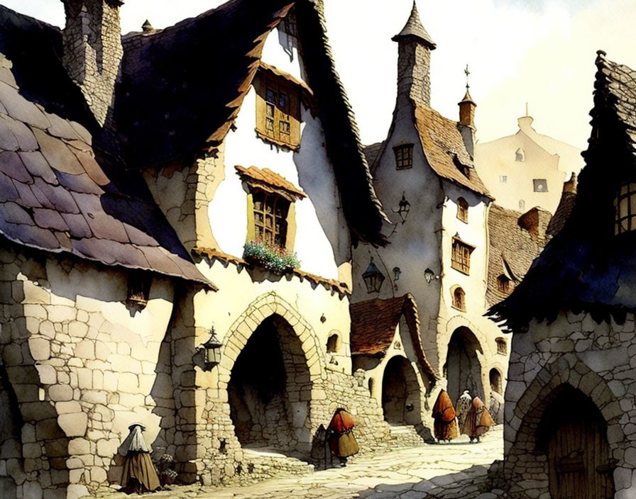 Medieval village scene with stone houses and figures in cloaks