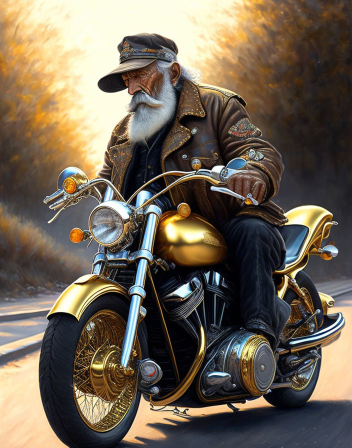 Elderly bearded biker on golden-accented motorcycle.