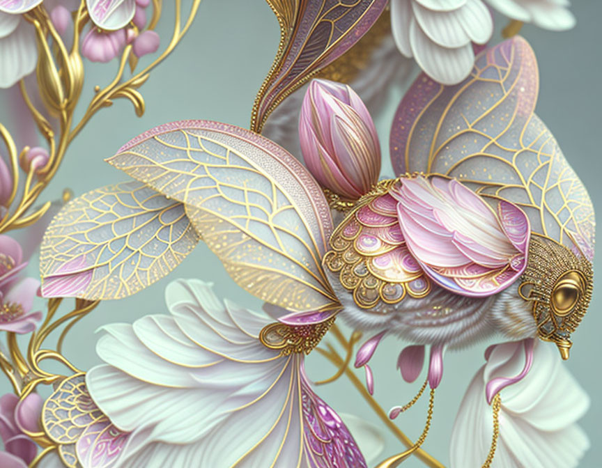 Stylized digital artwork: Mechanical bee with floral patterns & gold accents