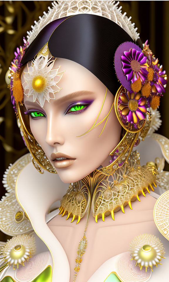 Stylized digital artwork of woman with green eyes and gold jewelry