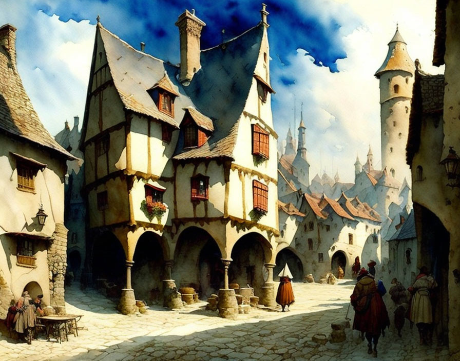 Medieval village with half-timbered houses, cobbled streets, stone tower, villagers,