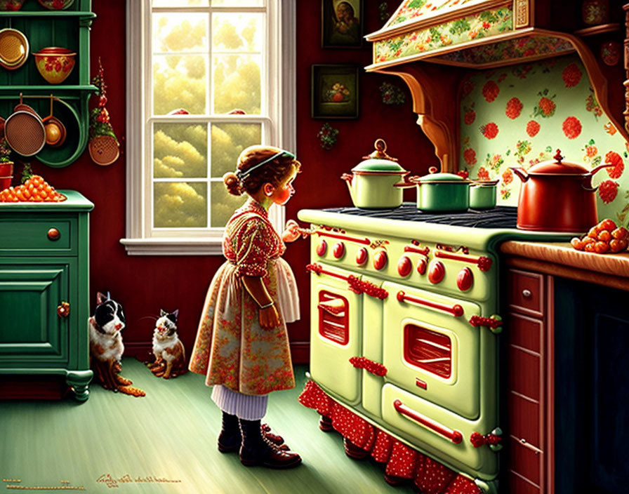 Child in vintage clothing by green stove with cats in cozy kitchen