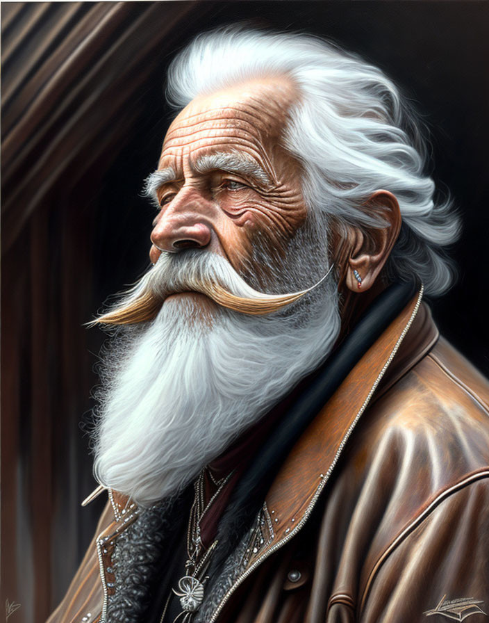 Elderly man with long white beard in leather jacket and pendant gazes sideways