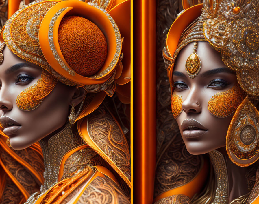 Luxurious golden headdress and makeup on a regal woman.