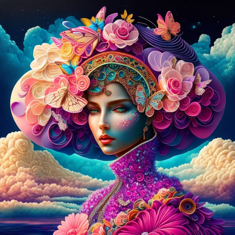 Colorful Woman with Butterfly Hair in Celestial Setting