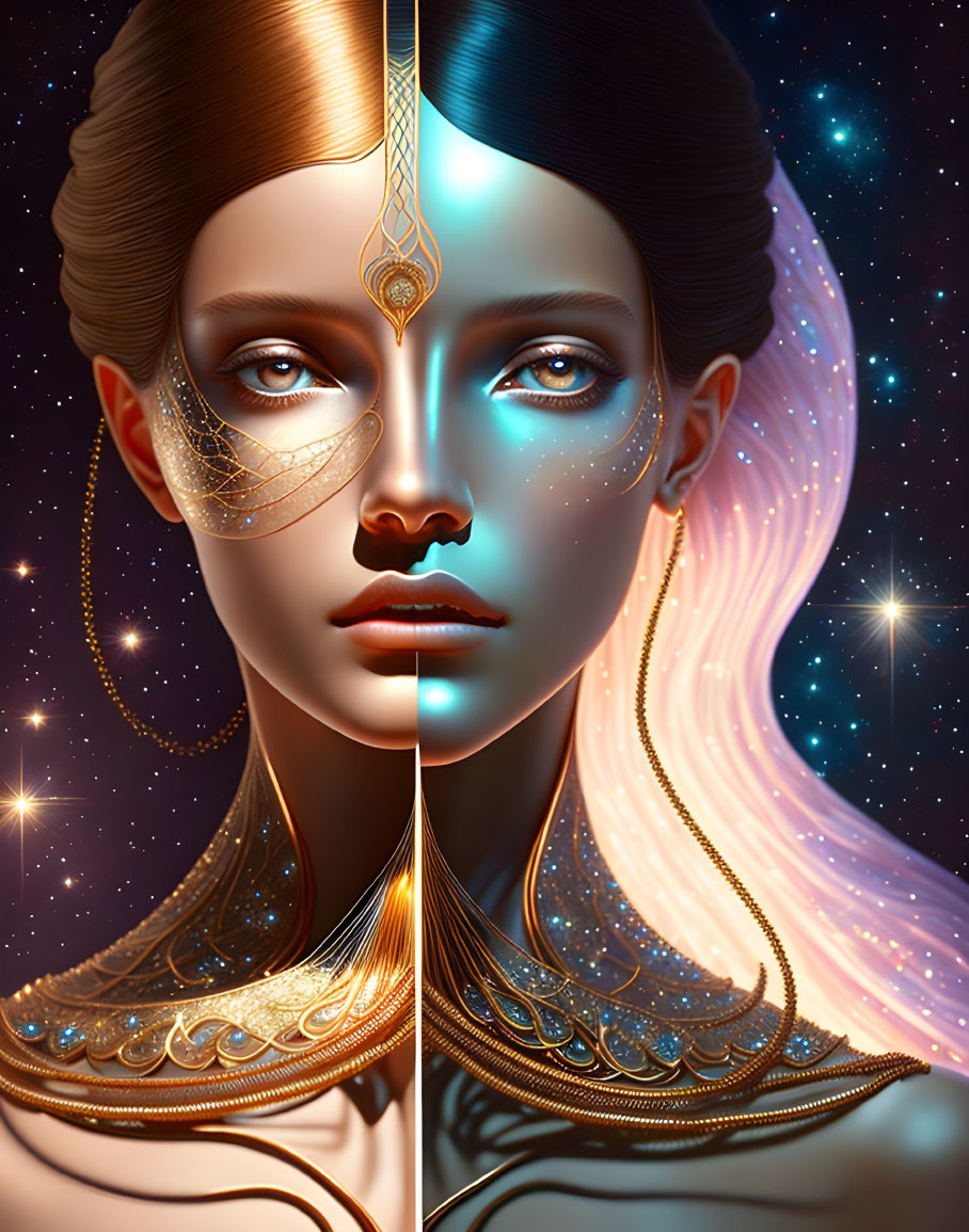 Dual-faced woman digital artwork with natural and cosmic themes and golden jewelry.