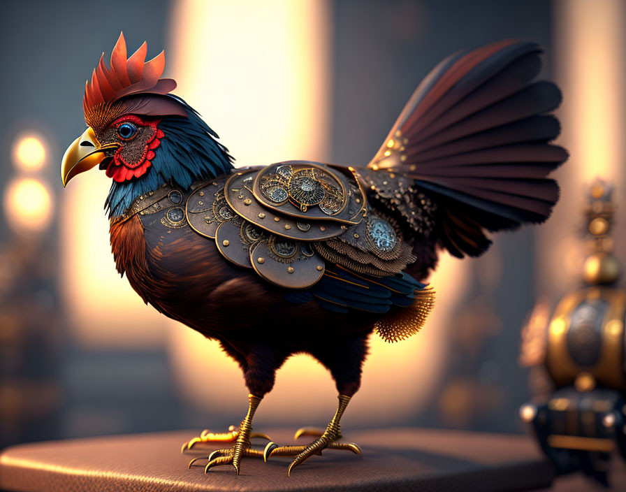 Mechanical rooster digital artwork with intricate armor plates and gears on a warmly lit pedestal