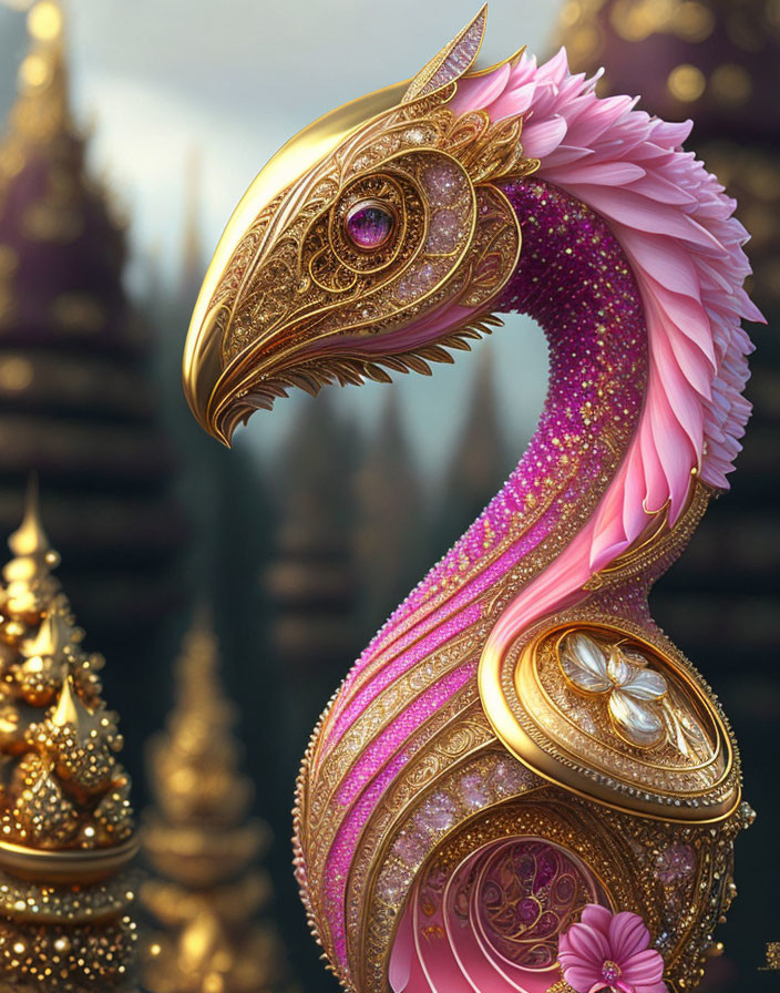 Golden Dragon Sculpture with Pink Crystal Accents and Gemstone Eyes on Gilded Towers Background