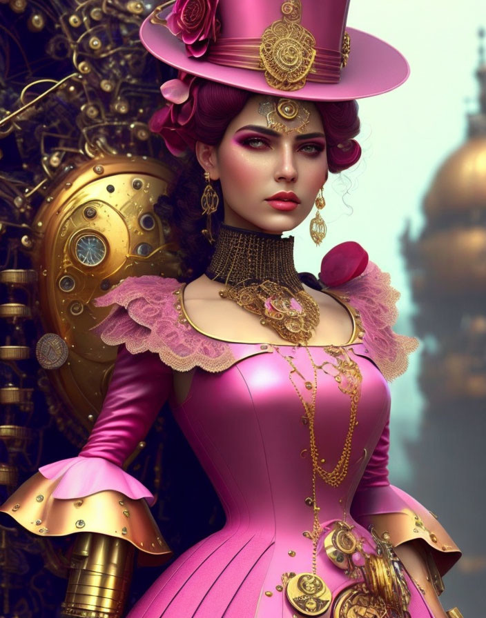 Steampunk-inspired woman portrait in pink dress with gold accents and ornate hat, mechanical background