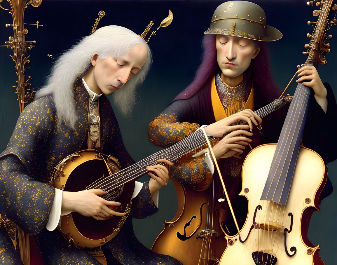 Renaissance-themed trio playing musical instruments in dark setting