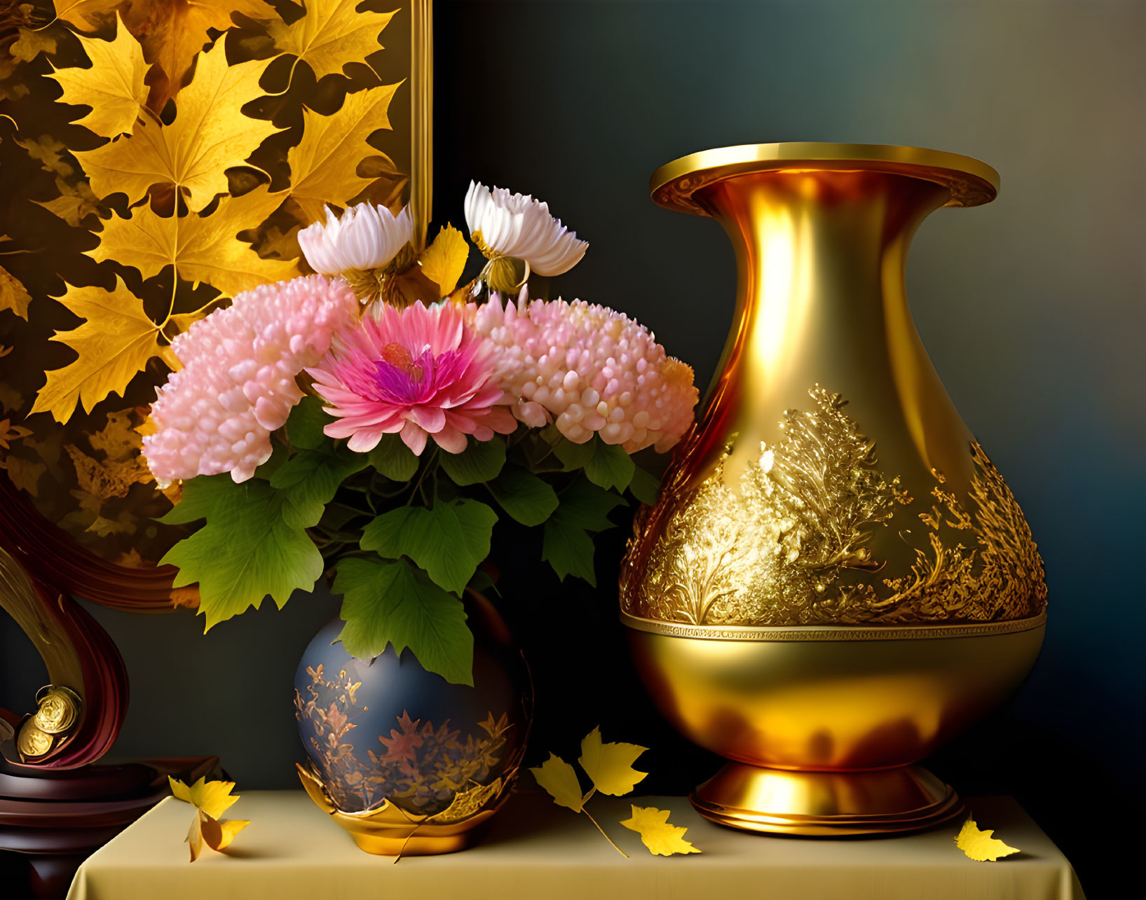 Golden vase with intricate design, pink and white flowers, decorative sphere, and autumn leaves on draped table