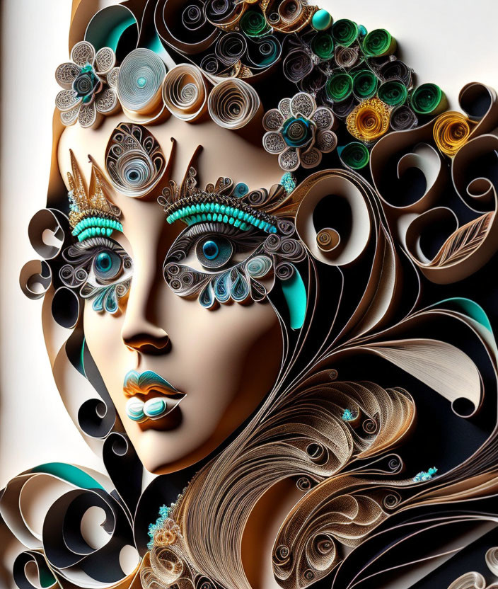 Detailed paper quilling design of stylized female face with peacock motifs