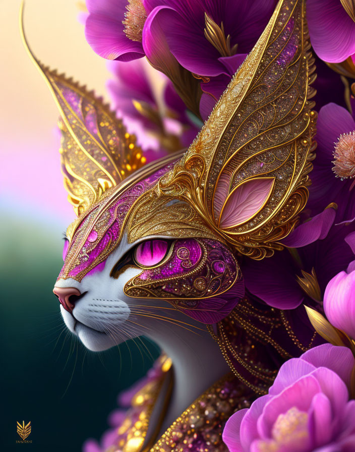 Golden masked feline with purple eyes among vibrant purple flowers