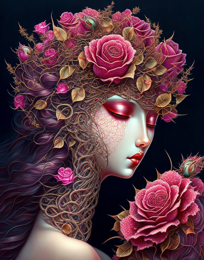 Woman with Floral Headdress in Dark Background