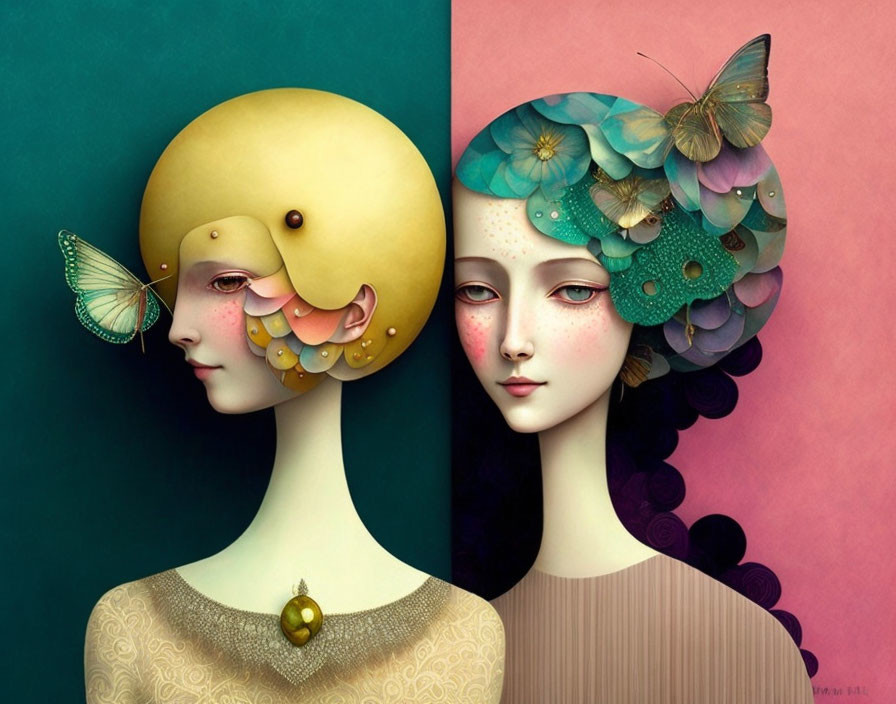 Stylized female figures with surreal moon and floral headwear