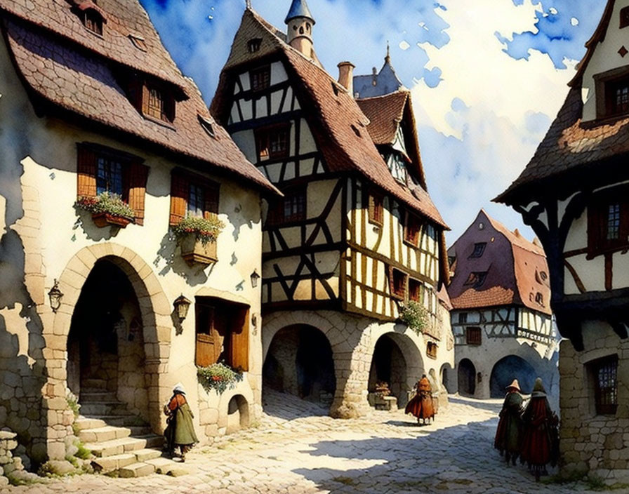 Medieval village scene with cobblestone paths and half-timbered houses