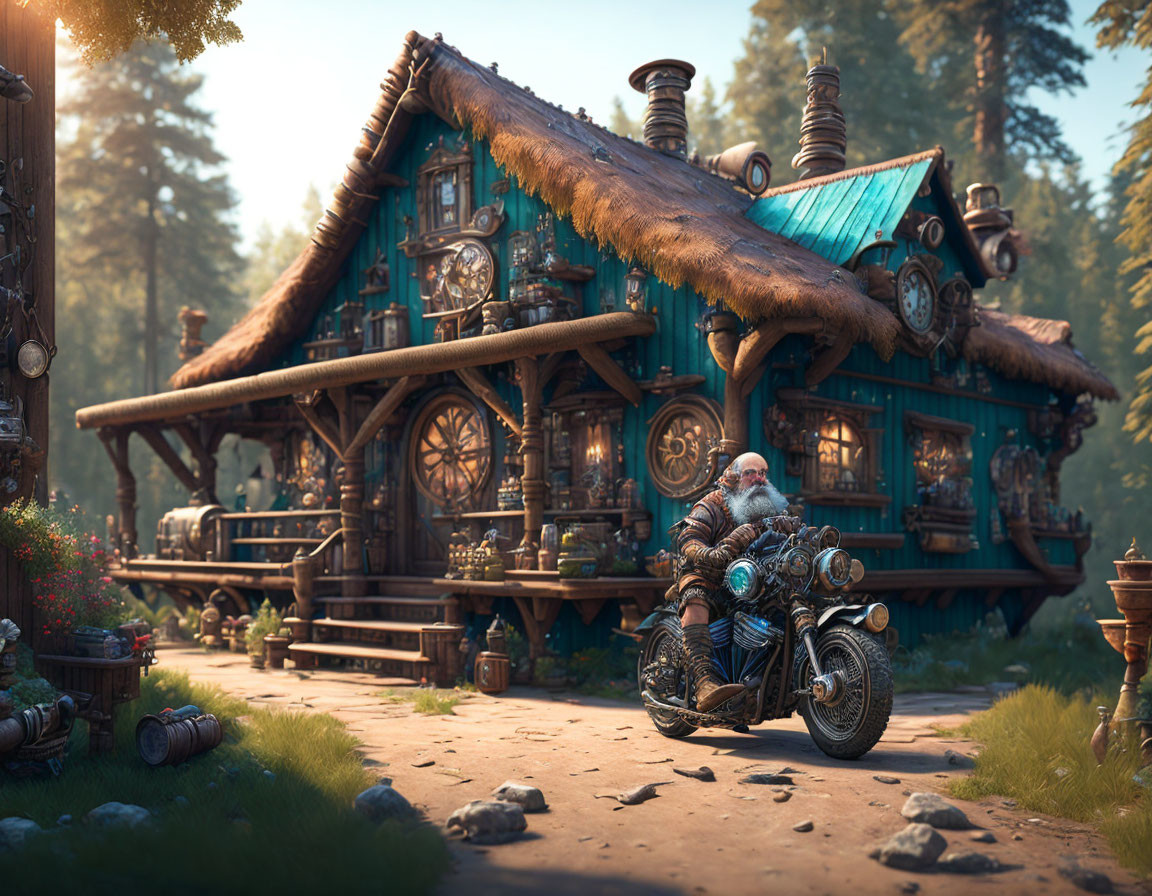 Bearded character on motorcycle near whimsical cottage in lush forest