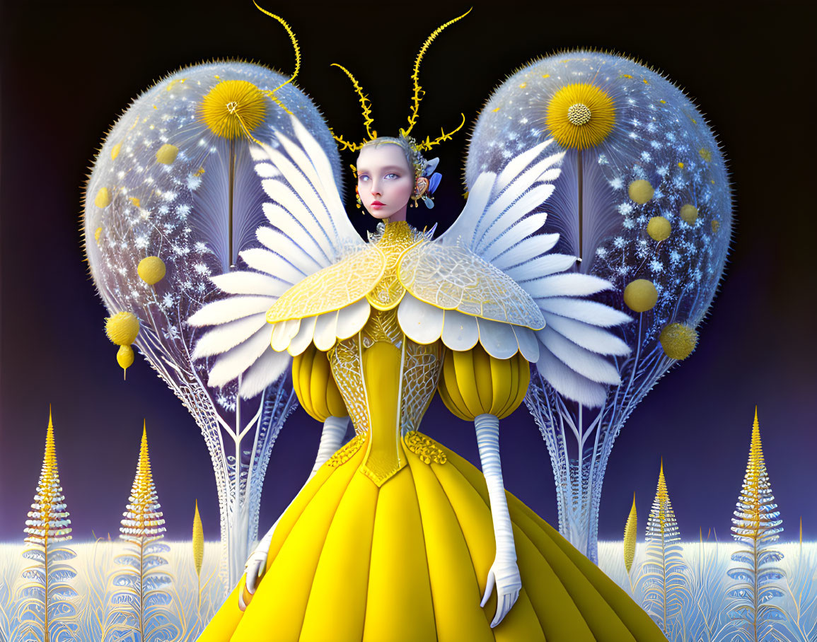 Fantastical figure with white and yellow butterfly wings and dandelion motifs on dark backdrop